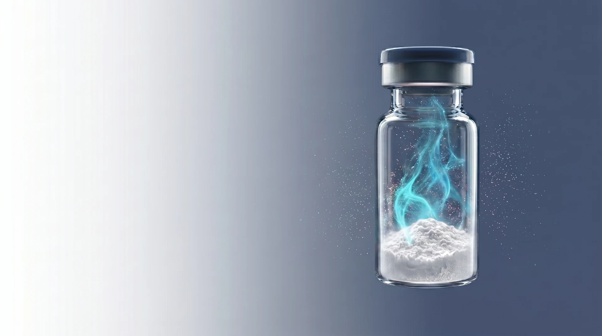Lyophilized neonatal platelet secretome glowing inside a pharmaceutical glass vial